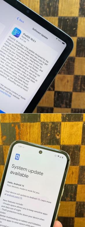Two stacked photos: The top one features an iPad mini 6 showing the install dialog for iPadOS 18, while the bottom one has a Pixel 6a with the Android 15 install dialog. An old wooden chessboard appears in the background of both photos.