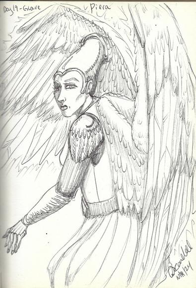 A winged woman with an Egyptian style headdress regards the camera with a glare.