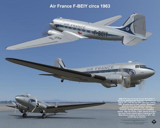 The subject of this composition is the Douglas DC-3 transport aircraft as it appeared in 1963 while flown by Air France, identified as F-BEIY.  Artwork and texts Copyright (c) 2017-2024 Robert W. Heyen d/b/a dcthreepainter.  All rights reserved.  Depicted trademarks are the property of their respective owners.