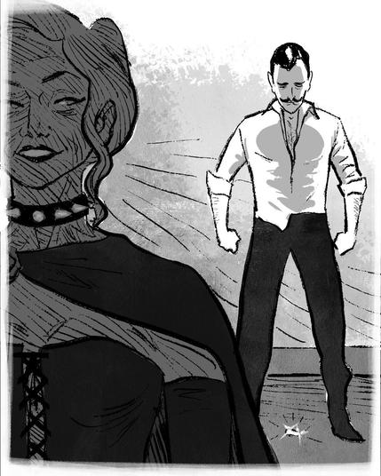 A monochromatic illustration features a confident Lady d’Arcy with wavy hair wearing a choker and a dark outfit, standing in the foreground.

In the background, the Duke of Clarence in an unbuttoned shirt stands with a tense posture, suggesting a dramatic moment. 

The Koh-i Nor lays on the ground, like if Lady d’Arcy has thrown it from the Duke’s hands