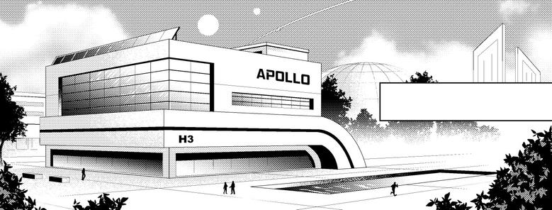 Black and white manga panel with a bright modern building.