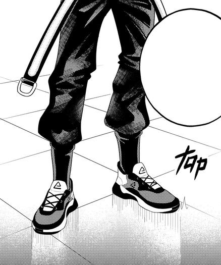 Black and white manga panel. It shows the lower part of a character (sneakers and black pants).