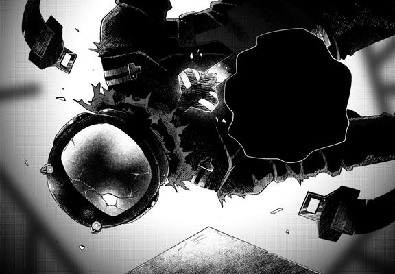 Black and white manga panel. It shows a floating character in a black space suit. The space suit and the helmet is damaged. The face is not visible.