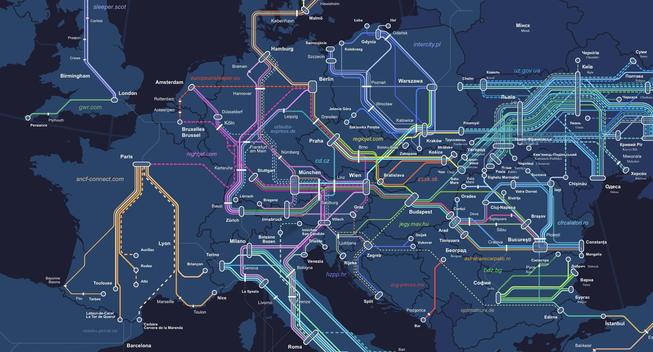 Large zoom over central part of Europe where we see night train lines from France to Ukraine, Turkey, Denmark and Italy.