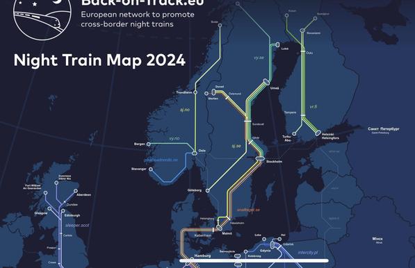 Large zoom over the northern part of the Europe showing night train lines in Norway, Sweden and Finland.