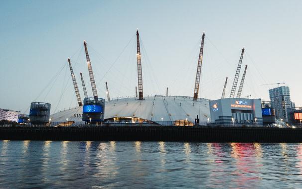 The O2 arena at sunset from the Thames
