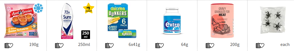 Images from an online supermarket. from left to right: Yorkshire pudding, deodorant, snack, chewing gum, gravy granules and spiders!