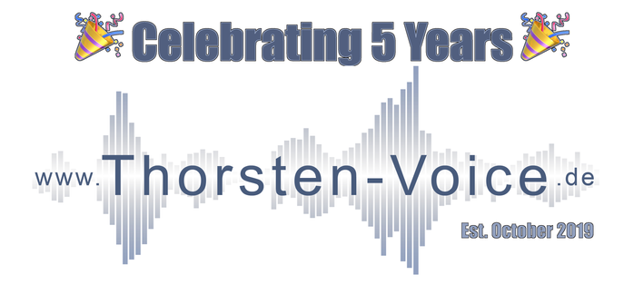 Showing www.Thorsten-Voice.de logo with header text "Celebrating 5 years" and a small note saying "Est. october 2019"