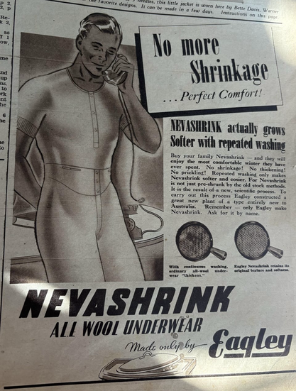 Advertisement is for an underwear company whose fabric never shrinks. The man is in long underwear almost a  union suit.