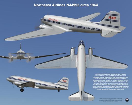 The subject of this composition is the Douglas DC-3 transport aircraft as it appeared in 1964 while flown by Northeast Airlines, identified as N44992.  Artwork and texts Copyright (c) 2017-2024 Robert W. Heyen d/b/a dcthreepainter.  All rights reserved.  Depicted trademarks are the property of their respective owners.