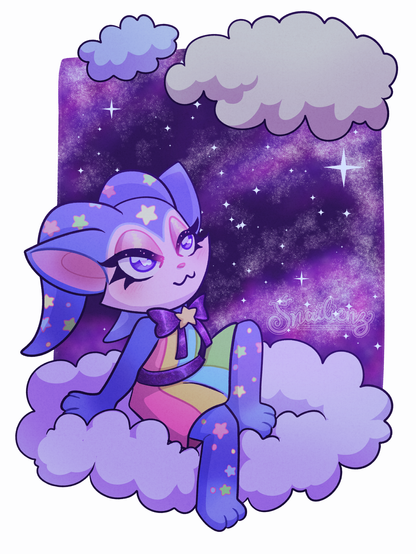 a blue-purple lil guy covered n stars and rainbows.