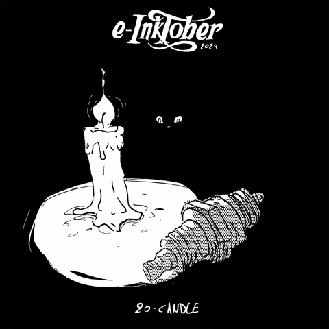 A black and white drawing of a candle lighting an engine candle on a black background. A cat's eyes and nose are visible in the background.