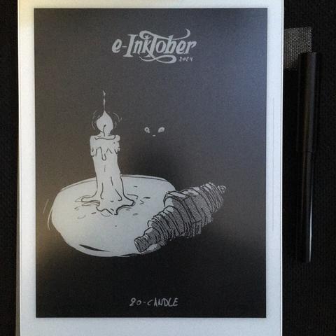 A photo of the same black and white drawing of candles, on the e-ink tablet it was drawn.