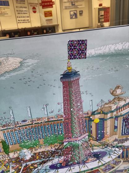 Part of (an Olympic Games) poster with a sticker on top as if it was a flag on the poll of a drawn tower.