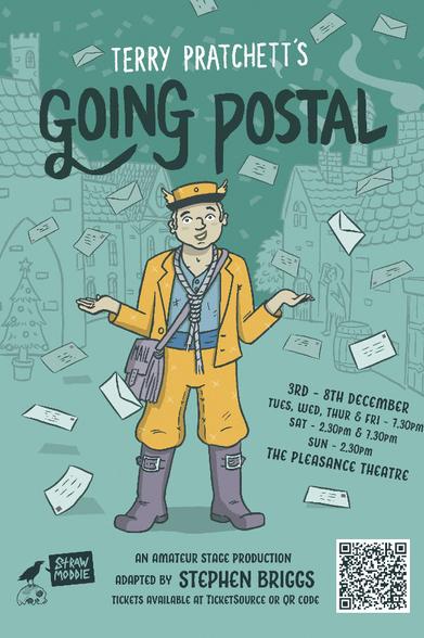 Poster for theatrical adaptation of Terry Pratchett's Going Postal, depicting a postman with a noose around his neck as well as his satchel, with letters raining down around him on an Ankh Morpok street