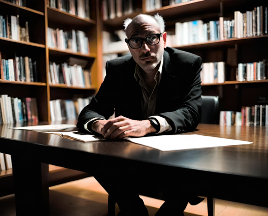 a photographic depiction of a humanoid individual at a study desk with a few loose papers in a public library after hours