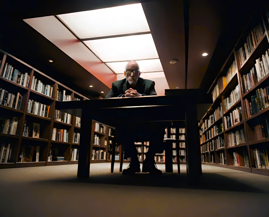 a photographic Roomba's-eye-view depiction of a humanoid individual at a study table in a public library after hours