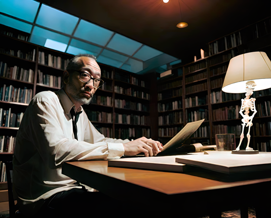 a photographic depiction of a humanoid individual at a study table with a fanciful skeletal lamp in a public library after hours