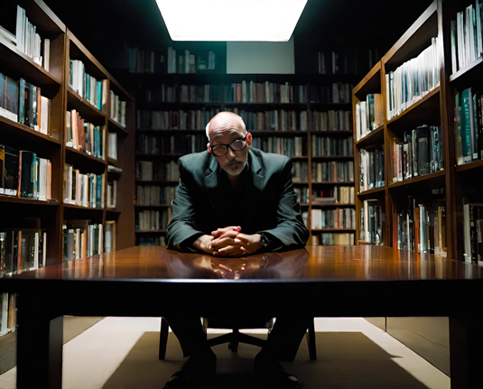 a photographic depiction of a humanoid individual seated at a n otherwise empty study table between rows of shelves in a public library after hours