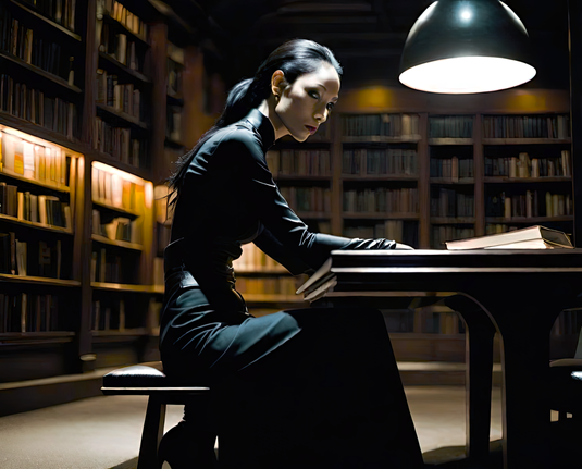 a photographic depiction of a humanoid individual viewed in profile seated at a study table in a public library after hours