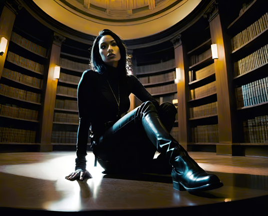 a photographic depiction of a humanoid individual relaxing on a round conference table in a resource room in a public library after hours