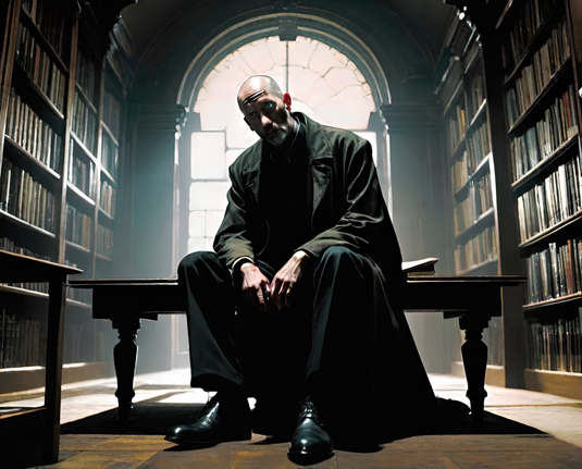 a photographic Roomba's-eye depiction of a humanoid individual seated on a low stool in a public library with a low study table and a tall arched window behind