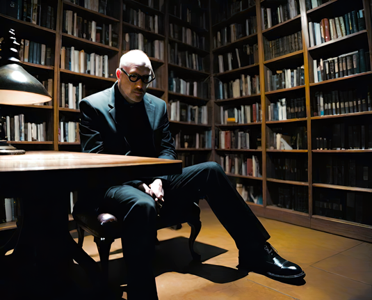 a photographic depiction of a humanoid individual seated at a study table in a public library after hours