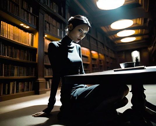 an oblique photographic depiction of a humanoid individual seated on the floor at a low table in a public library after hours
