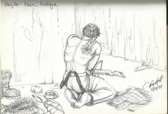 A man crouches in a carved ice dwelling cradling a painful looking scar.