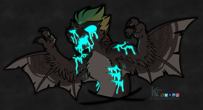 Digital art of a dinosaur raptor type character, appearing to be leaping, face an angry snarl. Eyes, nose, and mouth are glowing bright teal, leaking an also glowing fluid, the face seemingly jack-o-lantern like. Slashes on the ribs and arms are also glowing and leaking goo.