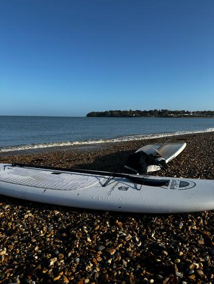 Photo is two paddle boards on St Helens beach, Isle of Wight