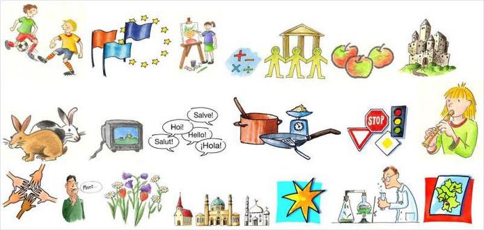 Auf dem Bild sind Illustrationen zu sehen, die sich auf die Rubriken zu thematischen Kinderseiten beziehen. Unter anderem Hasen (für das Thema Tiere), Kochgeschirr (für das Thema Kochen und Backen), Fußballspielende Kinder (für das Thema Sport)