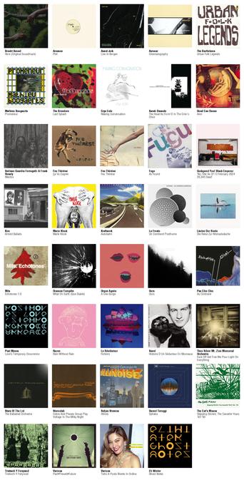 Collage des pochettes des albums de Brecht Ameel (Here (Original Soundtrack)), Arovane (Plnt), Avant Joik (Live In Bergen), Avrocar (Cinematography), The Bartlebees (Urban Folk Legends [LP]), Mathieu Boogaerts (Promeneur), The Breeders (Last Splash), Crys Cole (Making Conversation), Sarah Davachi (The Head As Form'D In The Crier's Choir), Dead Can Dance (Aion), Ibelisse Guardia Ferragutti & Frank Rosaly (Mestizx), Feu Thérèse (Ça Va Cogner), Feu Thérèse (Feu Thérèse), Fugu (As Found), Godspeed You! Black Emperor ("No Title As Of 13 February 2024 28,340 Dead"), Kim (Arnold Ballads), Marie Klock (Marie Klock), Kraftwerk (Autobahn), La Fresto (Un Continent Posthume), Läuten Der Seele (Die Reise Zur Monsalwäsche), Mils (Echotones 1.0), Oiseaux-Tempête (What On Earth (Que Diable)), Orgue Agnès (A Une Gorge), Ours (Ours), Pas Chic Chic (Au Contraire), Post Moves (Love’s Temporary Occurrence), Razen (Rain Without Rain), Le Révélateur (Fictions), Savel (Histoire D'Un Séducteur En Morceaux), Thee Silver Mt. Zion Memorial Orchestra (Fuck Off Get Free We Pour Light On Everything), Stars Of The Lid (The Ballasted Orchestra), Stereolab (Cobra And Phases Group Play Voltage In The Milky Night), Sufjan Stevens (Illinois), Daniel Teruggi (Sphæra), The Cat's Miaow (Skipping Stones: The Cassette Years '92-'93), Tristwch Y Fenywod (Tristwch Y Fenywod), Various (Past•Present•Future), Various (Tutto A Posto Niente In Ordine), Eli Winter (Ghost Notes)