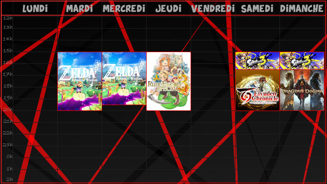 -Mardi, de 15h jusqu'à 20h, on reprend The Legend of Zelda Echoes of Wisdom, y a encore des choses à faire !
-Mercredi, de 15h jusqu'à 19h30, toujours sur Echoes of Wisdom, peut-être la fin du jeu qui sait !
-Jeudi, de 15h jusqu'à 20h, le possible dernier live de notre let's play sur Rune Factory 3 Special ! Objectif bébé et 1ere place du concours printanier !
-Samedi, de 15h jusqu'à 16h30, c'est Splatoween version 2024 sur Splatoon 3 ! Et après le Splatfest, on passera à Eiyuden Chronicle jusqu'à 20h;
-Et Dimanche, on commencera  à 15h par la suite du Splatoween de Splatoon 3 jusqu'à 16h30,  puis on se retrouvera sur Dragon's Dogma II jusqu'à 20h !