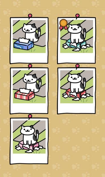 photos of spots from neko atsume 2, a white cat with black spots with tissue boxes. in some pics, the item is either fine and being stared at, or utterly destroyed with spots sitting on it