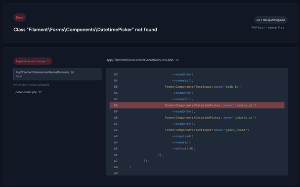 Error page from Laravel
Title: Class "Filament\Forms\Components\DatetimePicker" not found

The line Forms\Components\DatetimePicker::make('created_at') is highlighted in the file GenreResource.php