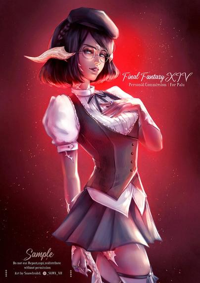 Female Aura wol character in contemporary suit she's touching around the above chest and smiling back to the audience, she's wearing glasses, the background is red