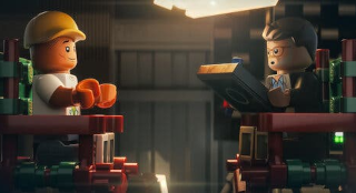 A film set, with Pharrell Williams and Morgan Neville sat facing each other in director chairs. That's pretty much it apart from, in the immortal words of Malcolm Tucker, "they're all made of fucking Lego".