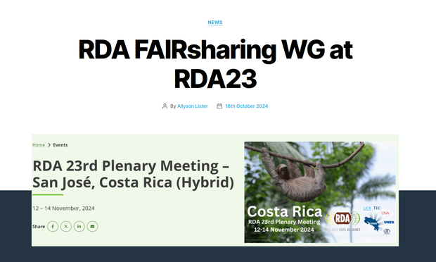 A screenshot of a blogpost describing how the RDA FAIRsharing WG will be represented at at RDA23