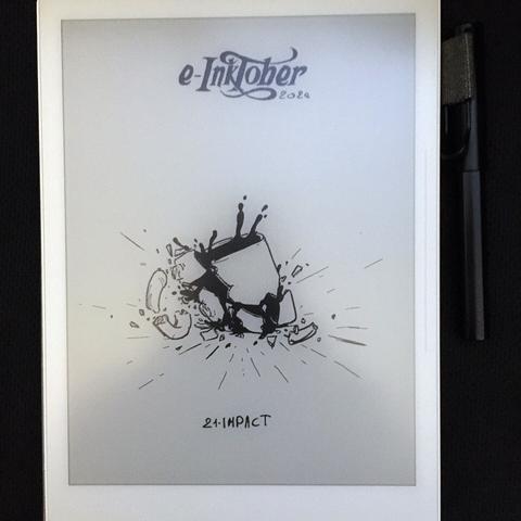 A photo of the same black and white drawing of a mug smashing on the floor, on the e-ink tablet it was drawn.