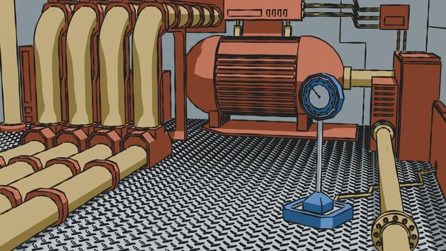 Completely crazy heating setup from someone with too much basement and too much money and too less knowledge. Cartoon style, mostly white, orange, yellow, a spot of blue.