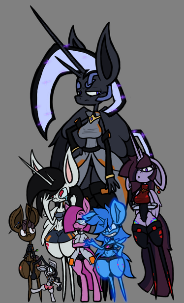 Most of the prominent members of the Spacequestrian royal family stand for a family picture.
From left to right; Spindle, a unicorn anomaly that vaguely resembles a living voodoo doll with no mouth, Beeper, a tiny Equestrian-shaped earthpony anomaly literally made of child-like emotions, Synecdoche Ambivalence, a perpetually teary-eyed alicorn, Dr. Pie, a refugee mirrorclone of Pinkie Pie who became a scientist, Reactor Blue, a shortstack alicorn who faintly glows, Ansible, a tall alicorn with a judgmental expression, and behind them, towering over her children (and "grandchildren"), is Syzygy, a very serious-looking alicorn.