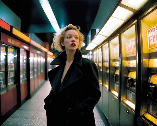 a photographic depiction of an overcoated humanoid individual in an indoor vending facility in a hallway between long rows of vending machines