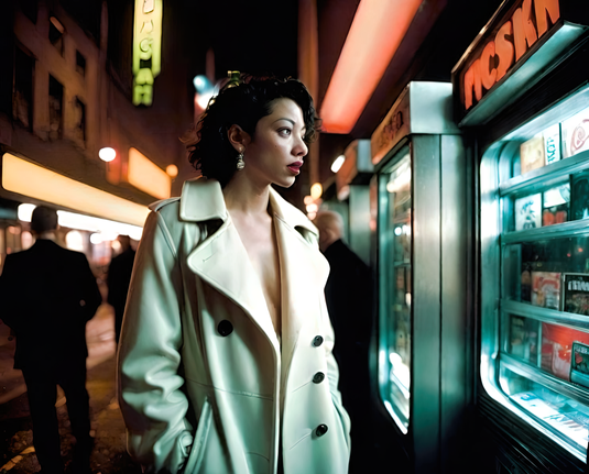 a photographic depiction of a humanoid individual in an overcoat  perusing a row of vending machines on an outdoor urban nighttime sidewalk
