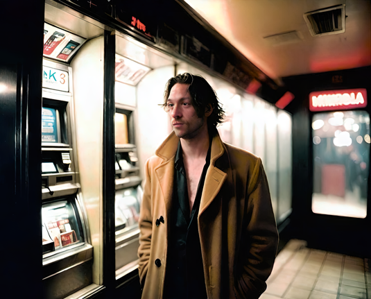 a photographic depiction of a humanoid individual in an open overcoat walking past a row of vending machines along a hallway