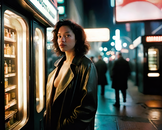 a photographic depiction of a humanoid individual standing by a row of vending machine on an urban sidewalk at night