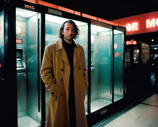 an outdoor nighttime photographic depiction of a humanoid individual in an overcoat with his back to a row of urban vending machines