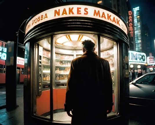 a photographic depiction of a humanoid individual facing away partially silhouetted by a round vending booth on a nighttime urban sidewalk