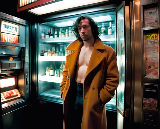 a photographic depiction of a humanoid individual in an open overcoat standing in front of vending machines in the corner of an automated vending facility