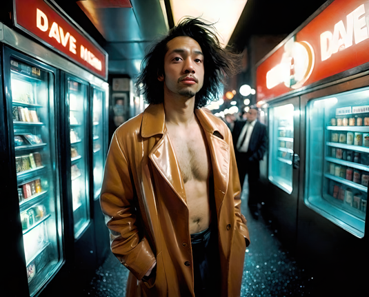 a photographic depiction of a humanoid individual in an open overcoat standing in a hallway between rows of vending machines